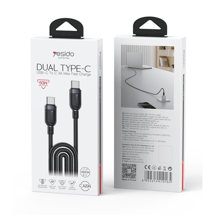 câble usb c vers usb c ca194 yesido